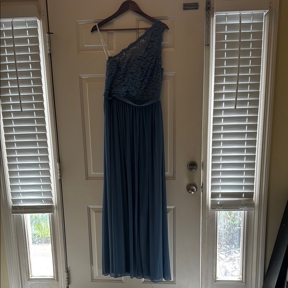 David's Bridal Blue Asymmetrical Pleated Gown worn once.